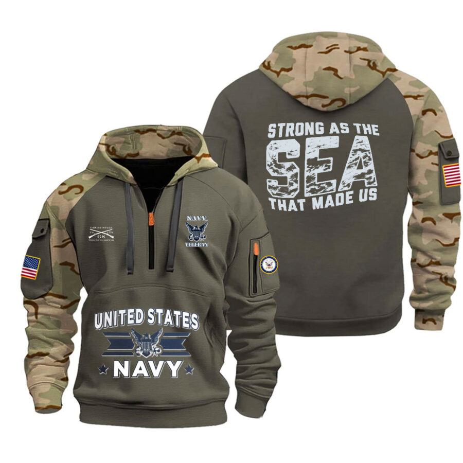 Alternative view of U.S. Navy Veteran "Strong as the Sea That Made Us" Camo Half-Zip Hoodie US4