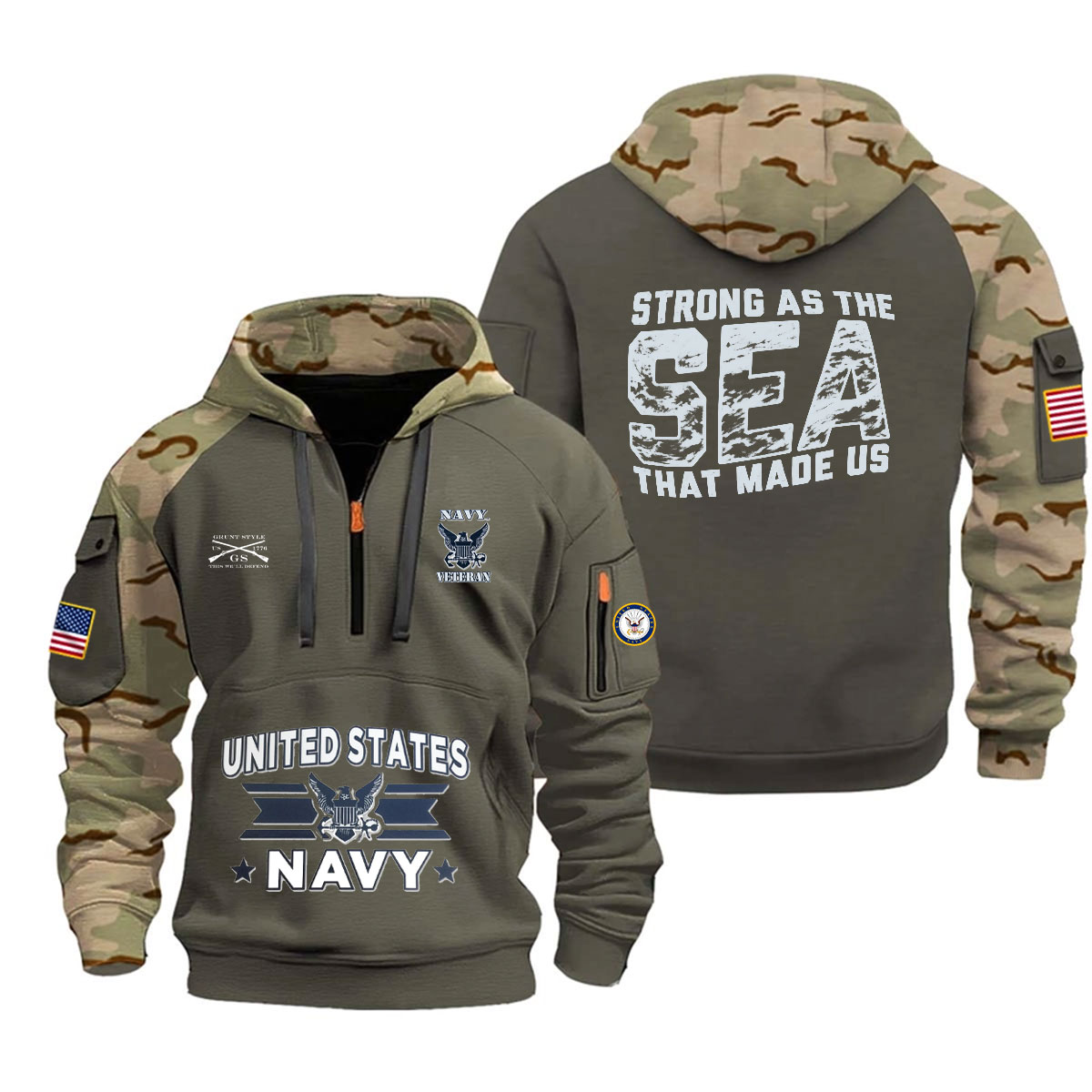 U.S. Navy Veteran "Strong as the Sea That Made Us" Camo Half-Zip Hoodie US4 - Image 2
