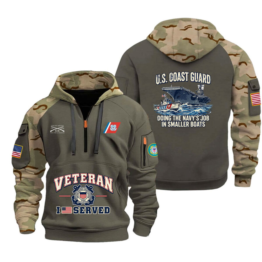 Alternative view of U.S. Coast Guard Veteran "Doing the Navy's Job in Smaller Boats" Camo Half-Zip Hoodie - US5