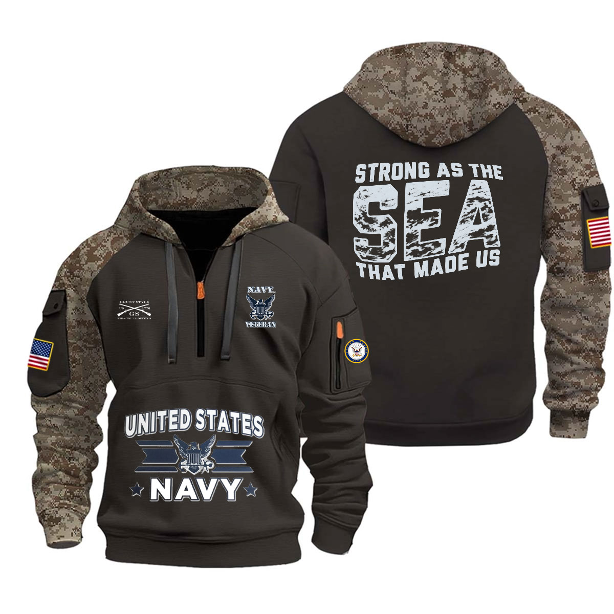 U.S. Navy Veteran "Strong as the Sea That Made Us" Camo Half-Zip Hoodie US4 - Image 3