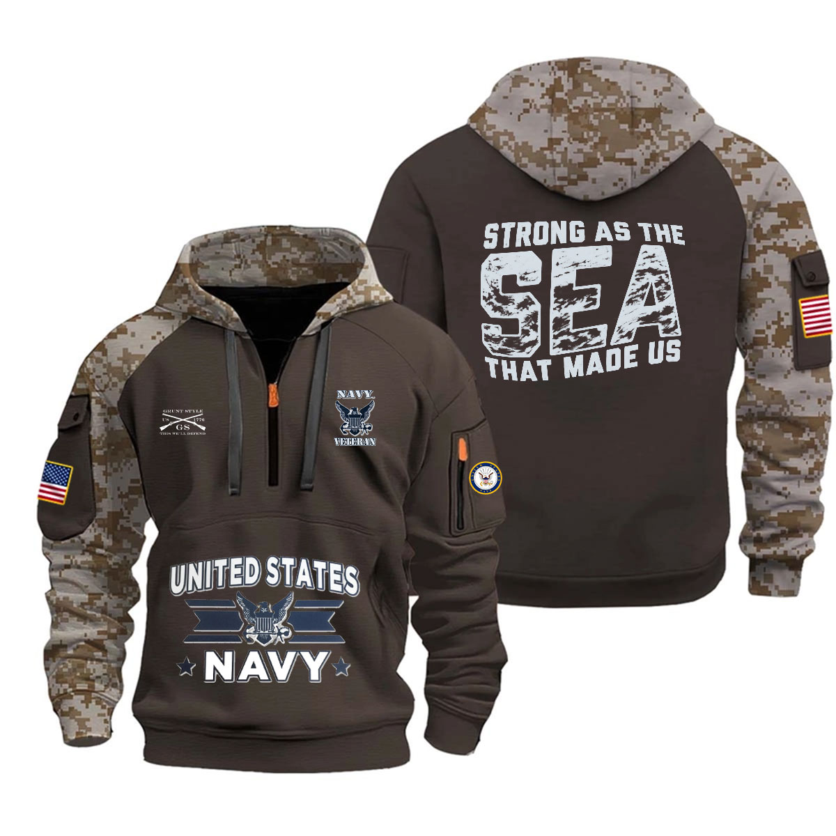 U.S. Navy Veteran "Strong as the Sea That Made Us" Camo Half-Zip Hoodie US4 - Image 4