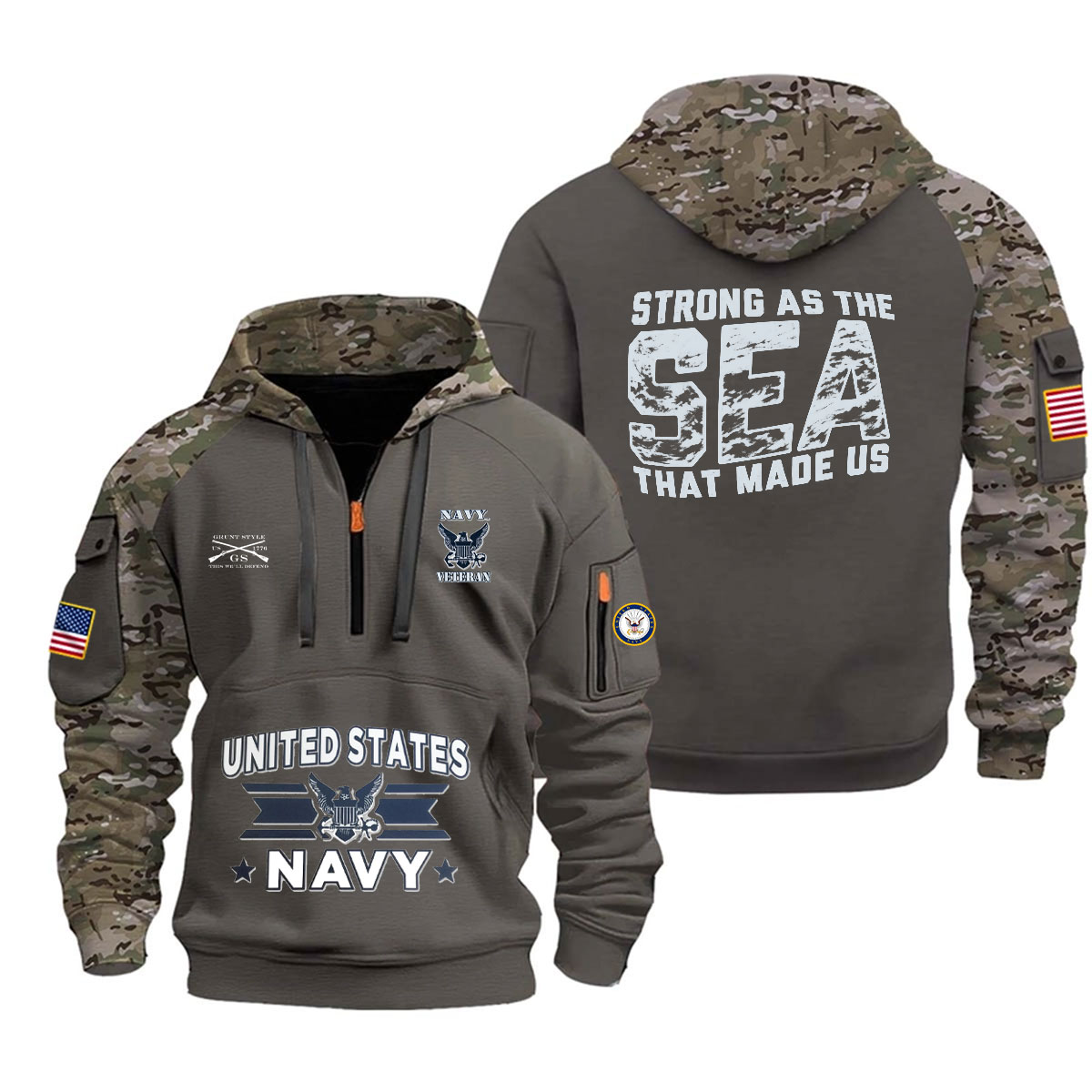 U.S. Navy Veteran "Strong as the Sea That Made Us" Camo Half-Zip Hoodie US4 - Image 5