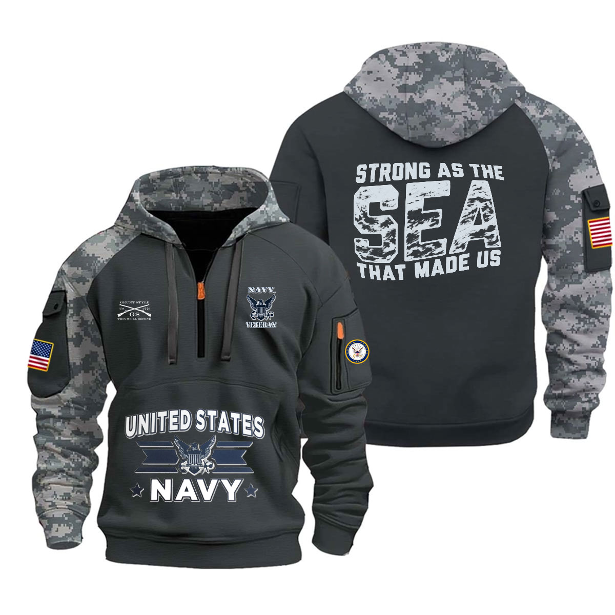 U.S. Navy Veteran "Strong as the Sea That Made Us" Camo Half-Zip Hoodie US4 - Image 6