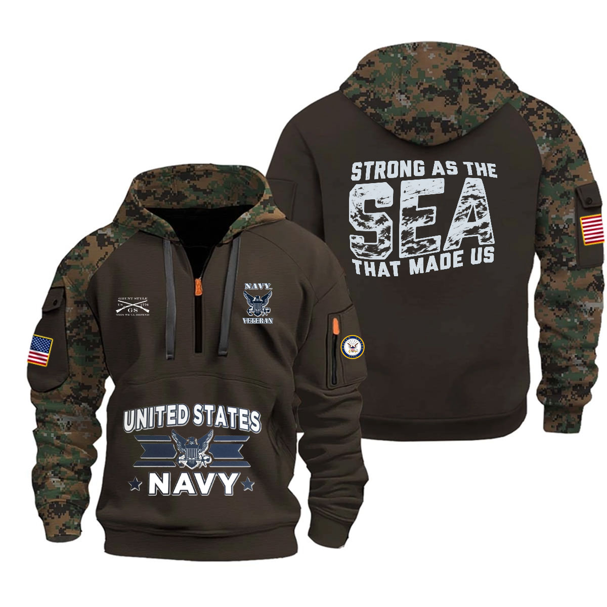 U.S. Navy Veteran "Strong as the Sea That Made Us" Camo Half-Zip Hoodie US4 - Image 7
