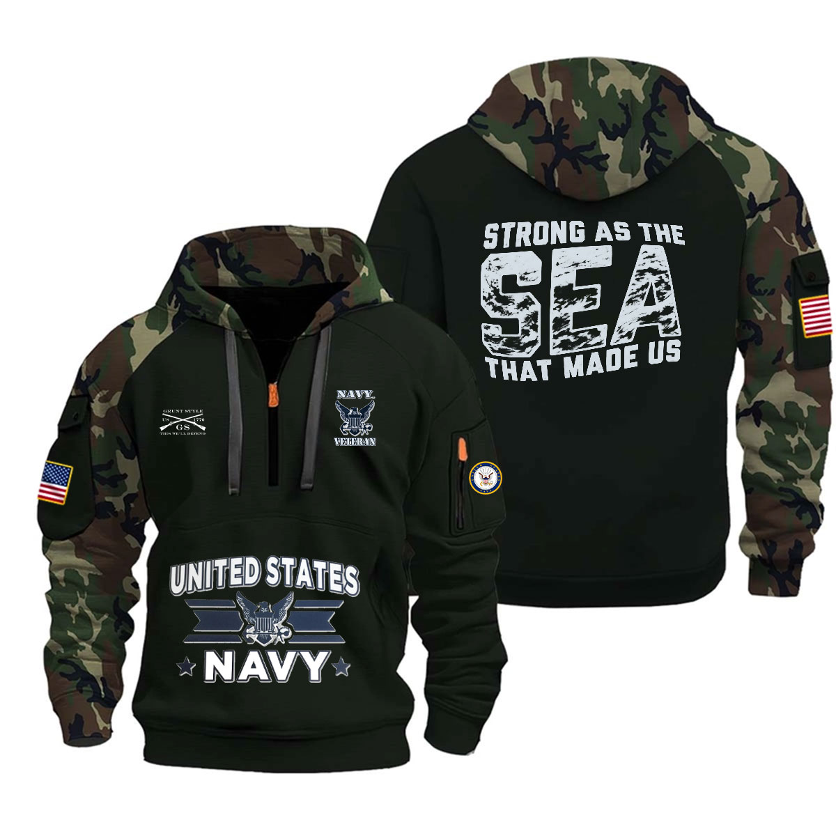 U.S. Navy Veteran "Strong as the Sea That Made Us" Camo Half-Zip Hoodie US4 - Image 8